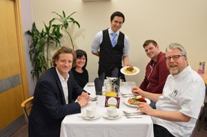 Left to right: Jon Batcherlor Serco Catering Lead, Debbie Jones Serco diet support manager, Jason Kong Serco catering general manager, patient Richard Lodge and Norfolk Chef Richard Hughes