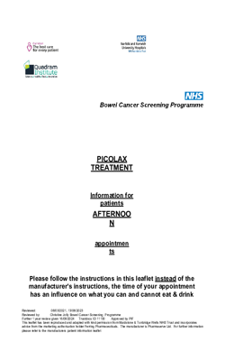 Bowel Cancer Screening Programme – Picolax treatment  afternoon appointments  v7