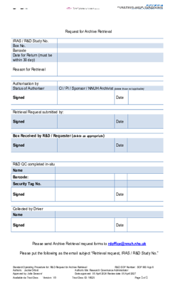 SOP 900 Appendix 6 Request for Archive Retrieval SOP 900 App 6 V3