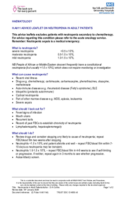 Neutropenia in Adult Patients – Guidance Sheet H.A011 v9