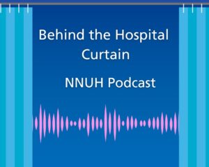 A blue graphic showing hospital curtains open with an audio wave file between them. The title reads Behind the Hospital Curtain.